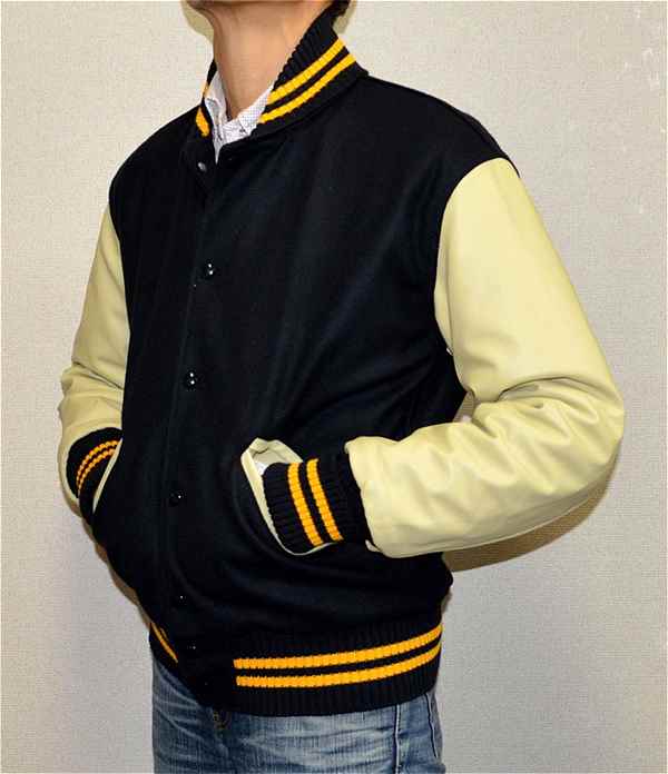 MILITARY NAVY+NATURAL DeLONG ネイビー紺 無地 スタジャン スタジャン 